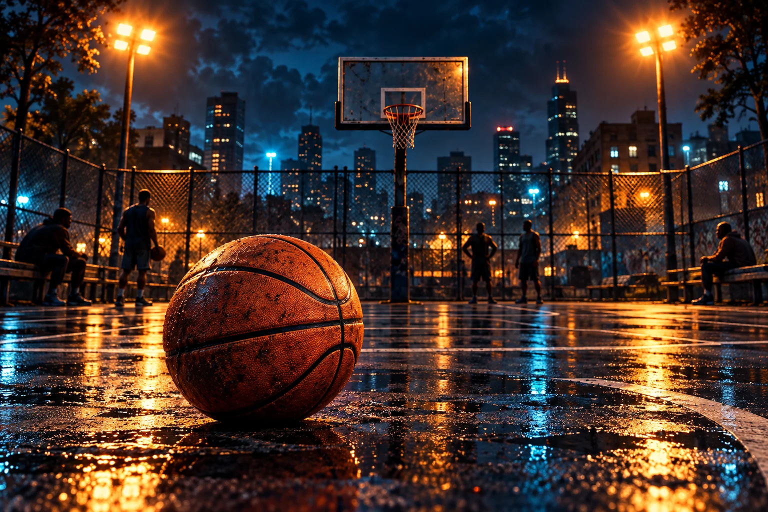 Basketball on a floodlit outdoor court at night, concept artwork