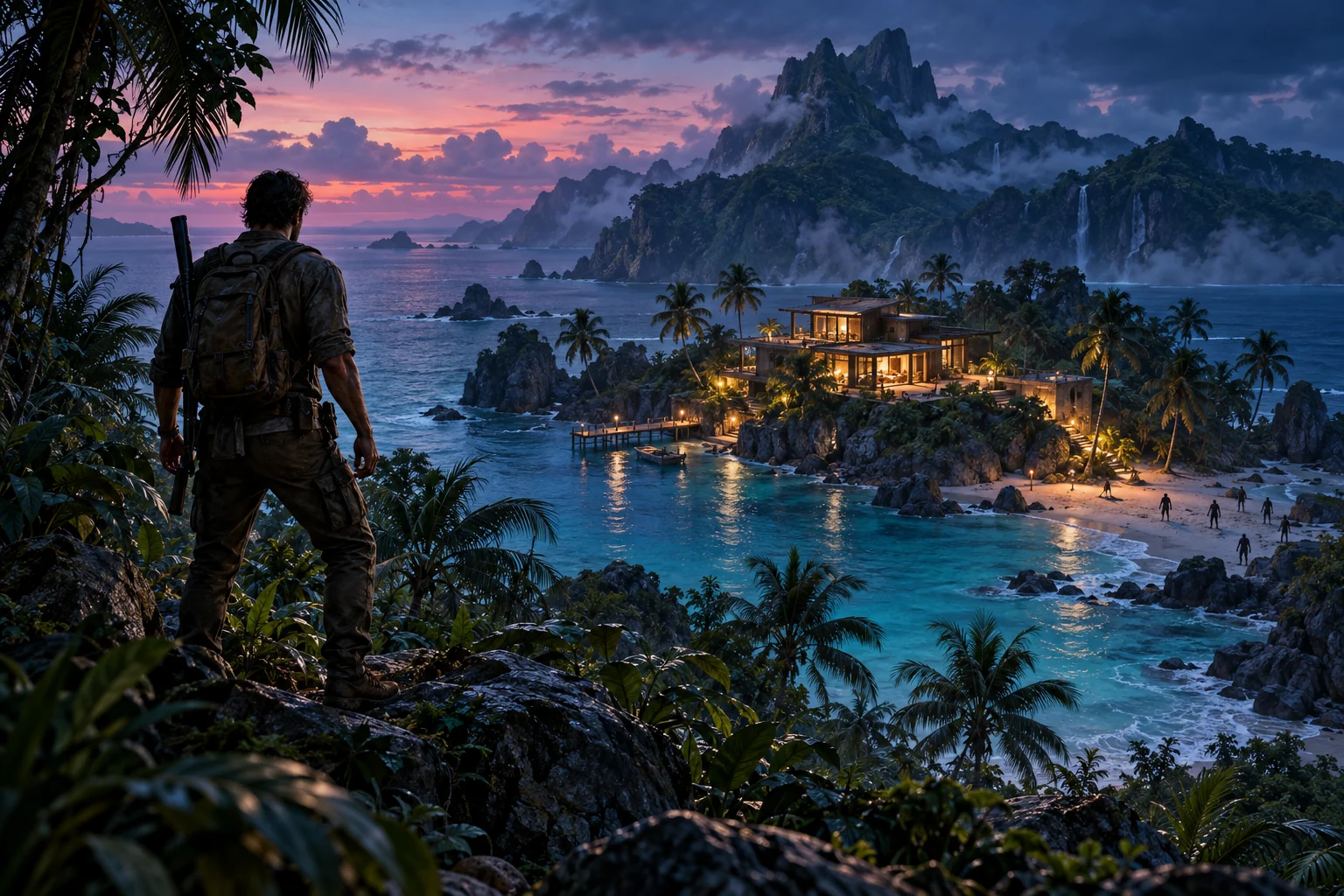 Concept art of a survivor overlooking a tropical safe house at dusk