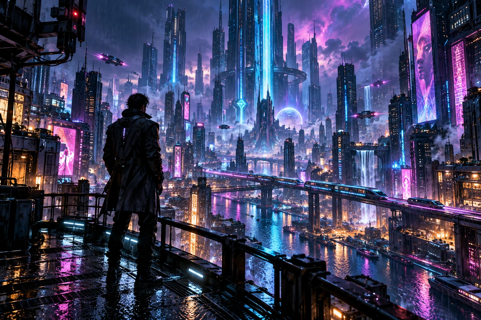 Pandora 2059 concept art: a futuristic cyberpunk city glowing cyan and violet in the rain