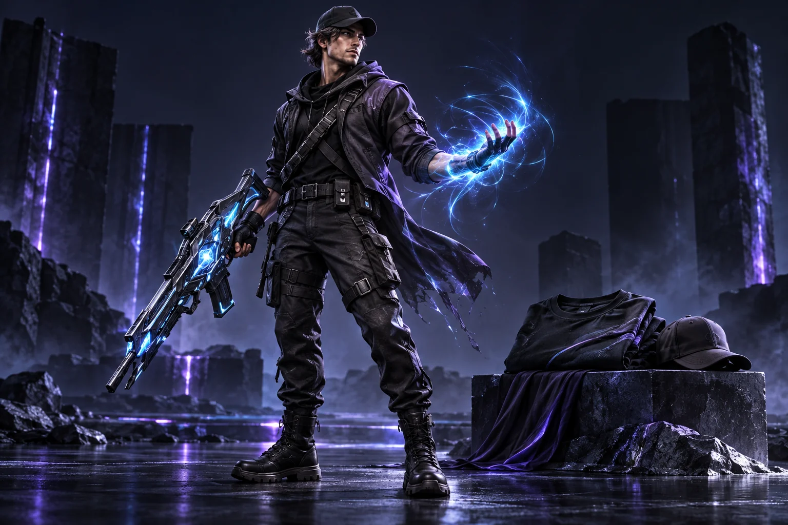 Concept image of a Founder-inspired game character with a signature weapon