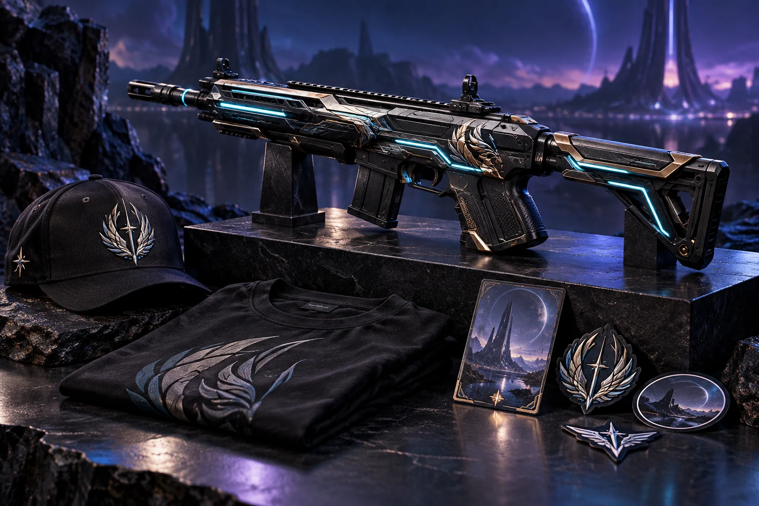 Concept image of a signature game weapon and Founder merchandise